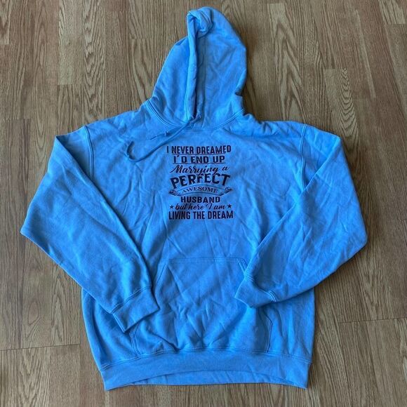 Married to a Perfect Awesome Husband Hoodie Light Blue Medium - Picture 1 of 5